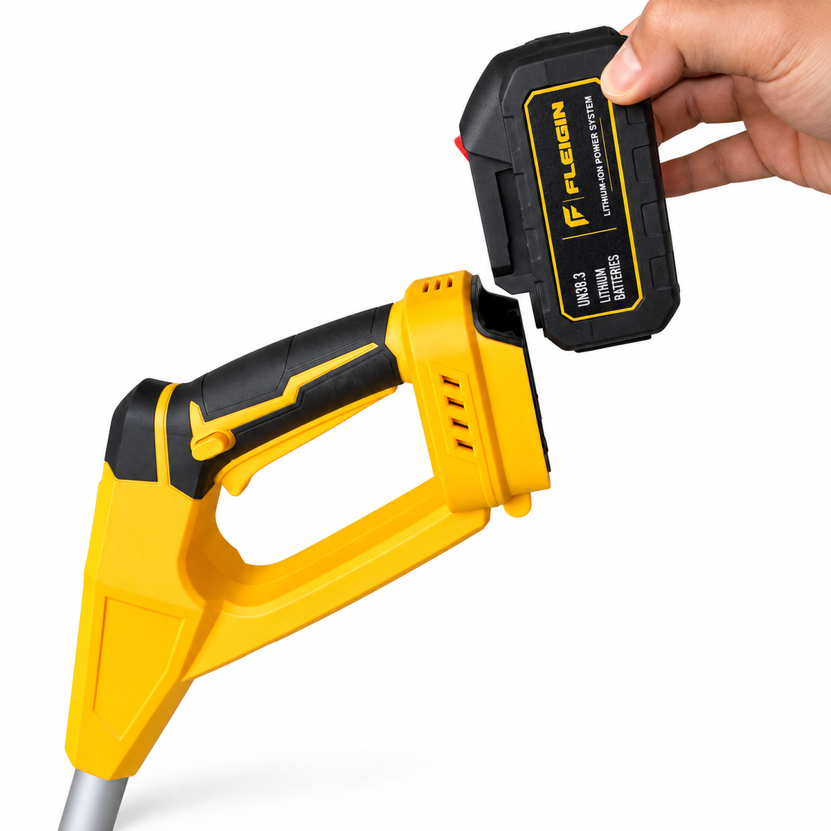 A FLEIGIN battery being inserted into the snow shovel handle