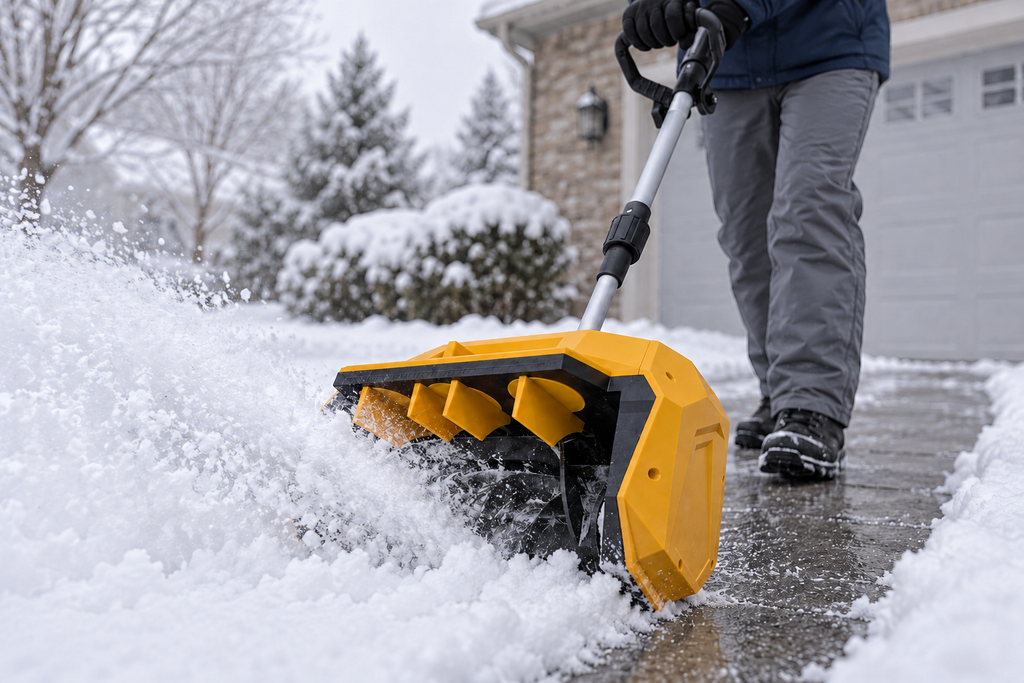 Close view of the yellow FLEIGIN snow shovel head in a snowy setting