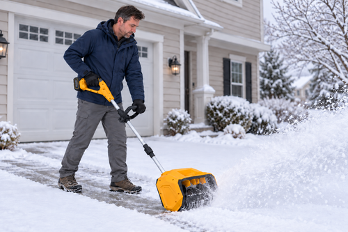 Yellow FLEIGIN cordless snow shovel shown in a snowy driveway
