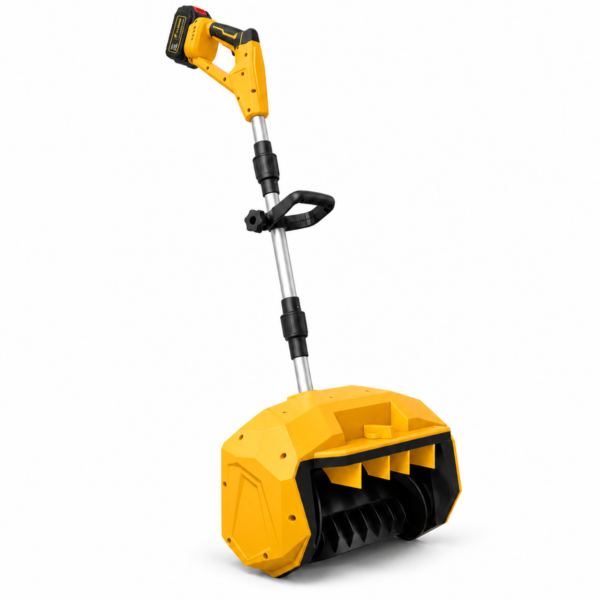 Yellow FLEIGIN cordless snow shovel, front three-quarter view